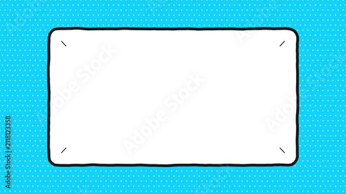 Comic book style blank frame on blue polka dot background. 4K Video