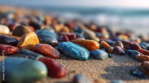 Colorful smooth stones on sandy beach