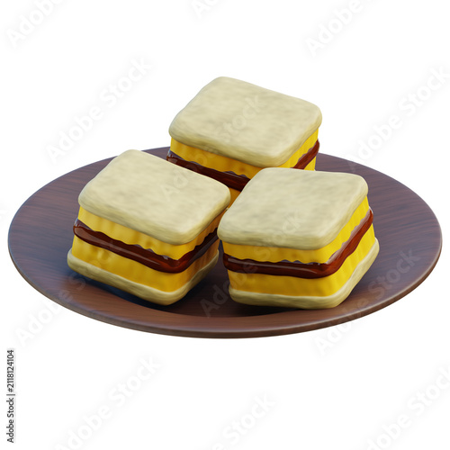 Delicious sandwich cookies with creamy filling and chocolate spread on a round plate presentation transparent background