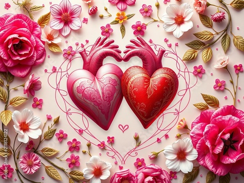Interconnected hearts surrounded by delicate floral patterns, decoration, love