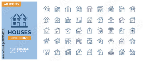Professional set of 40 residential house line icons for property management and home services.