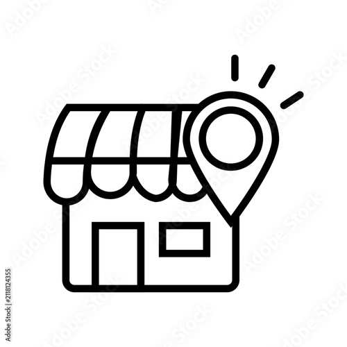 Outline icon showing a retail store with location pin suitable for maps, local business, and store finder applications.