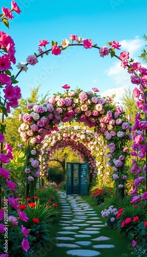 Flower arches sway gently in the breeze, amidst lush greenery and vibrant blooms, flower arches, blooms