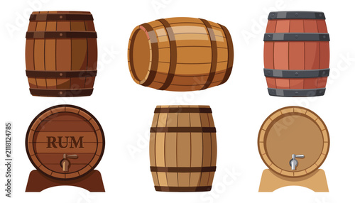 Konstfotografi Wooden barrel vector set with rum tap oak keg containers for alcohol beer whiske