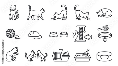 Cute cat and kitten pet care line icons.