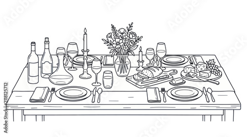 Formal dinner table setting black line art illustration.