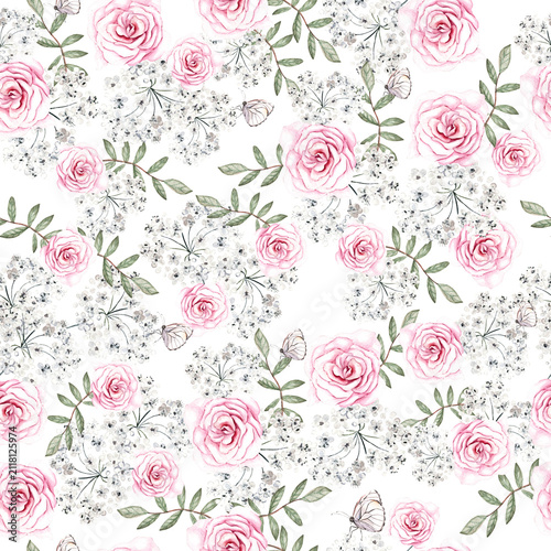 Delicate pink roses with green leaves and scattered flowers on light background seamless pattern design
