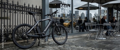 Modern hybrid bicycle parked on urban street near coffee shop with outdoor seating area and ornate metal fence, suitable for lifestyle and transportation concepts.