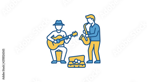 Photography Two musicians playing guitar and saxophone on street