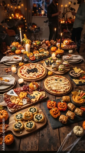 Halloween Feast Extravaganza: A long, rustic wooden table laden with a delightful spread of Halloween-themed treats and savory dishes.