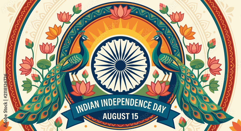 Obraz premium Indian Independence Day Peacock Lotus Emblem August 15