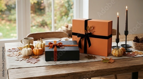 Autumn Gift Arrangement: A charming tablescape adorned with pumpkins, fall leaves, and elegant gift boxes, illuminated by the soft glow of candles, setting a festive autumn mood.