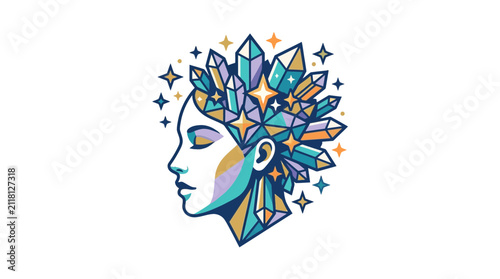 Woman head with crystalline crown and stars.