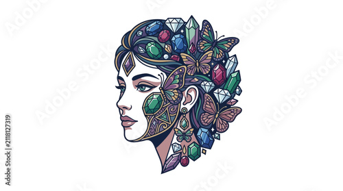Woman head with butterflies and crystals in hair