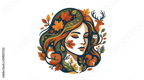 Woman head with autumn leaves and deer antler crown.