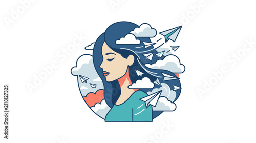 Woman head with paper airplanes and fluffy clouds.