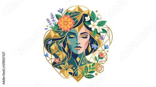 Woman head with vibrant flowers and geometric patterns.