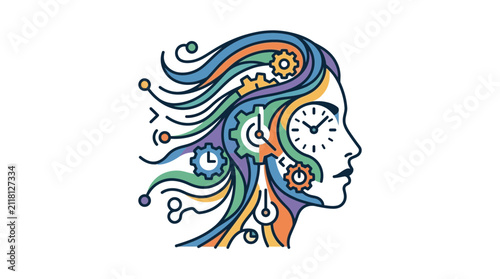 Woman head with mechanical gears and clock face hair.