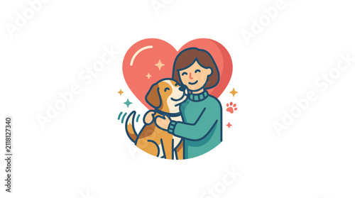 Woman hugging her dog in front of red heart.