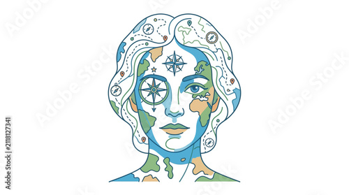 Woman head with world map and compass navigation symbols.