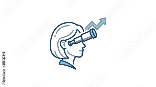 Woman looking through telescope with upward growth arrow.