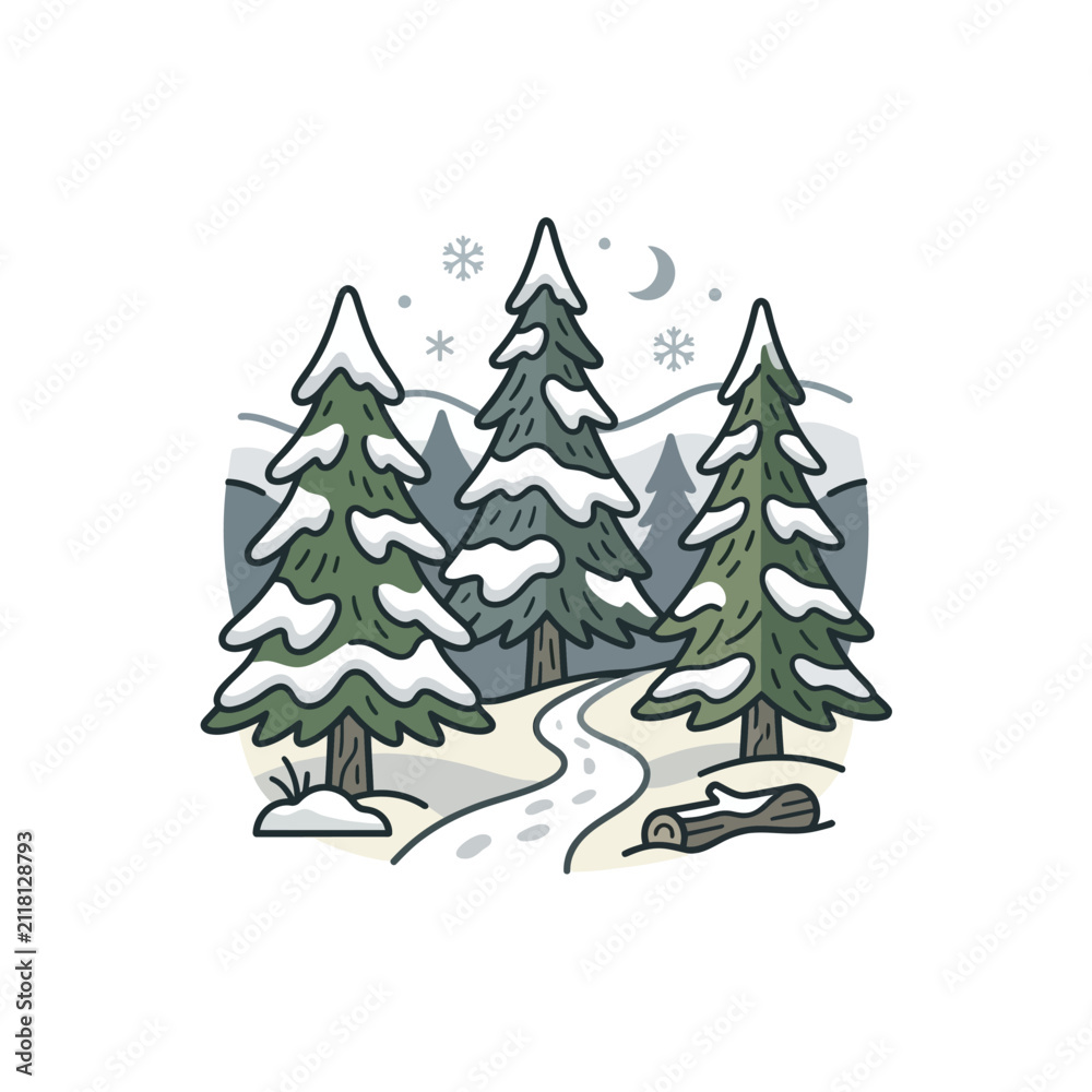 Obraz premium Winter Forest Scene with Snow-Covered Pine Trees and Winding Path