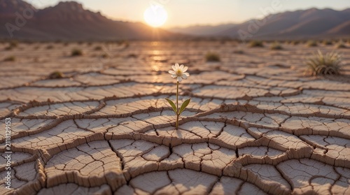 A delicate small white wildflower emerges from deeply cracked, sun-baked desert soil, standing as a powerful symbol of resilience and hope amid an arid landscape affected by prolonged drought
