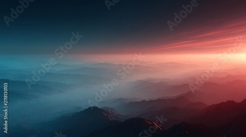 Misty mountain range at sunset with dramatic orange and blue sky. atmospheric landscape 3D render