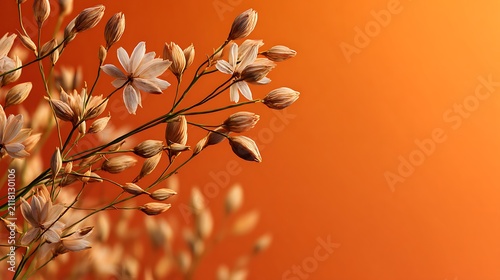 Delicate pale dried wildflowers and buds on green stems against a soft. warm orange gradient backg