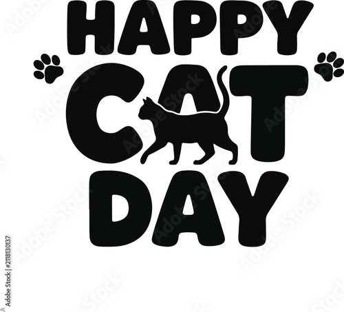 Happy Cat Day 2026 Bold Typography Vector Design with Walking Cat Silhouette and Paw Prints
