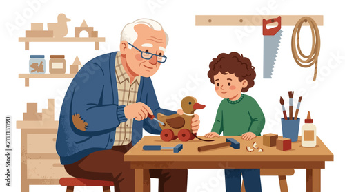Bild auf Leinwand Grandfather and Boy Crafting Wooden Duck Toy Together