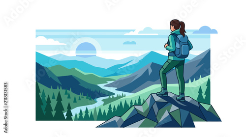 Woman hiker on mountain peak overlooking scenic valley landscape