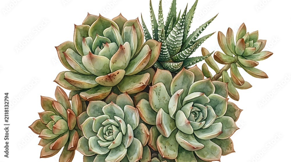 Obraz premium Cluster of succulent plants with thick fleshy leaves in shades of green and dusty rose, featuring rosette formations and varied textures for botanical and garden design projects.