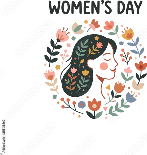 Women's Day 2026 Vector Illustration of Peaceful Female Profile with Floral Wreath and Botanical Hair Elements