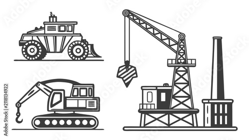 Fotografía Industrial construction site equipment and heavy machinery icons with machinery