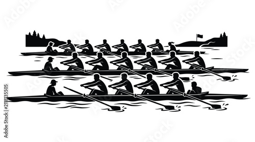 Rowing Team Silhouette Against Water And Distant Shoreline Black And White