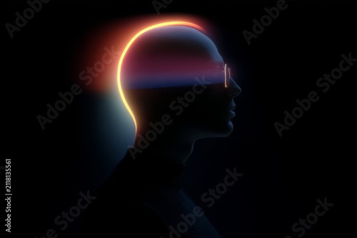 Silhouette human head with neon rim light and retro futurist glow for avatar background and profile poster