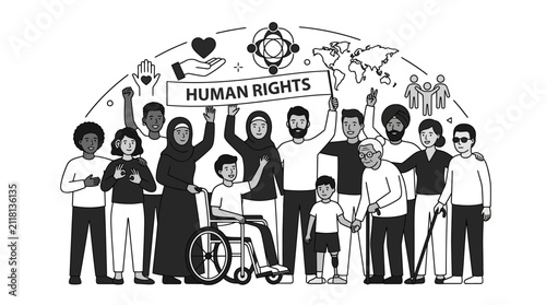 Diverse activists holding a Human Rights banner
