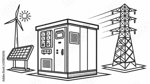 Renewable energy station with wind turbine solar panels and power grid, facility