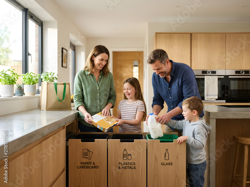 Happy family recycling cardboard boxes in modern kitchen. Parents and children sorting eco-friendly packaging materials together at home.