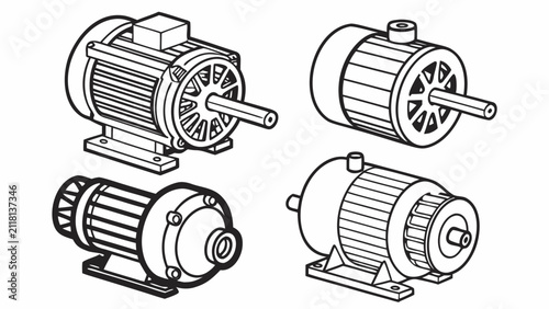 Set of four electric industrial motor icons with electric industrial machinery