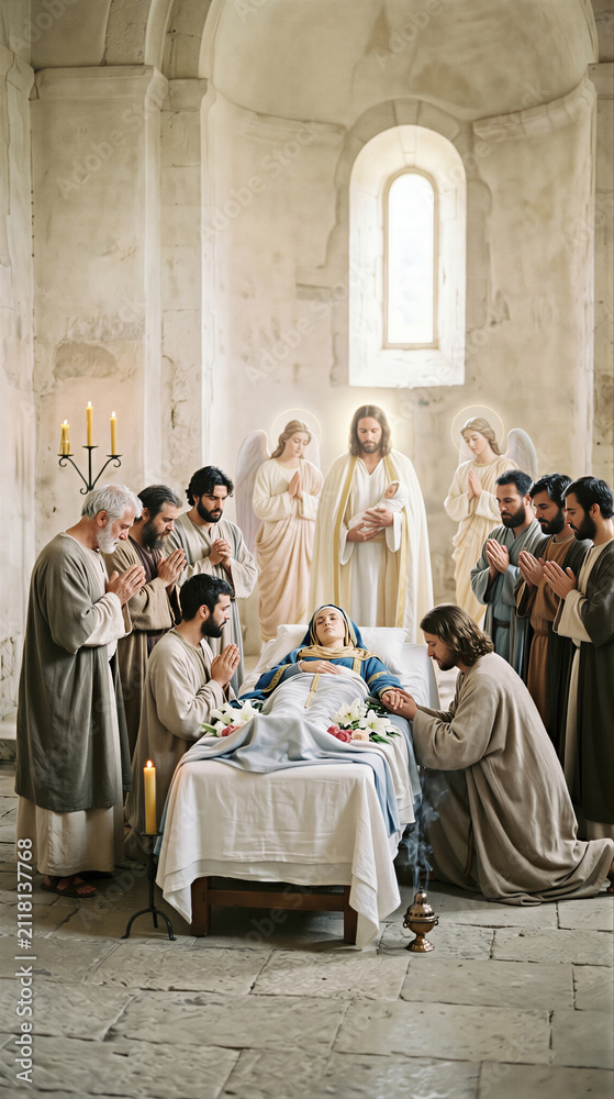 Fototapeta premium Dormition of the Mother of God with Jesus Christ holding infant soul and disciples praying at bedside. Religious scene depicting Mary resting peacefully in ancient stone cathedral.