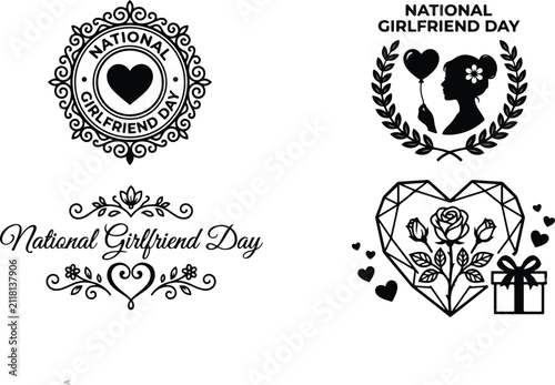 National Girlfriend Day 2026 Black and White Vector Emblem and Typography Design Set with Heart and Rose Elements
