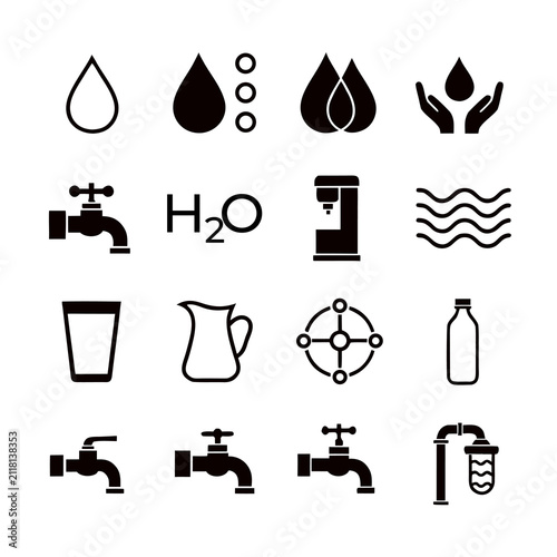 Water Line Icon Set. Rain Drop, Water Tap, H2O Molecule, Glass, Bottle, Pitcher, Purification Filter, Faucet, Aqua Wave Outline and Glyph Vector Collection