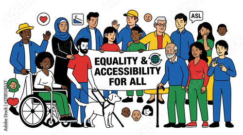 Diverse group holding equality and accessibility banner for advocacy.