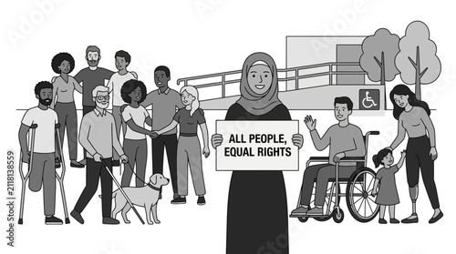 Diverse group holding protest sign for equal rights.