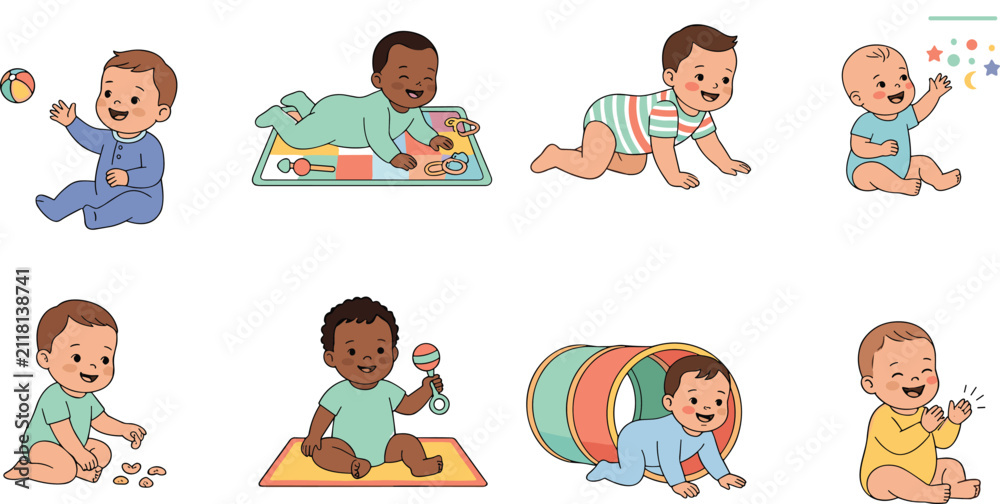 Fototapeta premium Set of cute cartoon vector illustrations of happy babies playing, crawling, and having fun