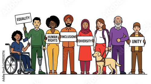 Diverse group of people holding protest signs for social justice.