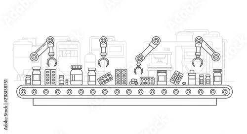 Automated Pharmaceutical Production Line with Robotic Arms and Pills