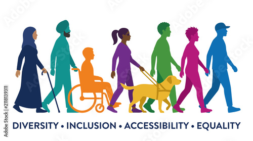 Diverse group walking silhouettes representing inclusion and accessibility equality.
